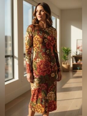 FARM by Anthropologie Floral Knit Maxi Dress in Red/Rust/Pink Floral Print W XS